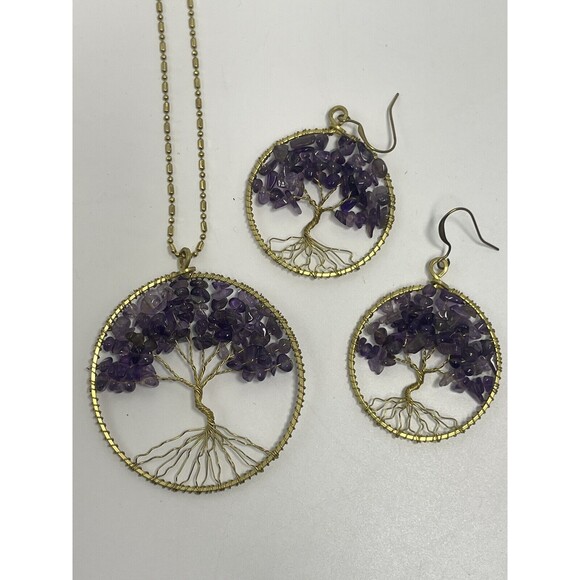 Tree Of Life Gold Tone Amethyst Pendant  Necklace & Matching Earrings New - Picture 5 of 9